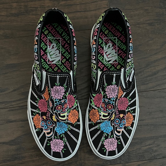 Vans Shoes - Vans Black Slip-On Sneakers with Multicolor Sugar Skull & Floral Graphics